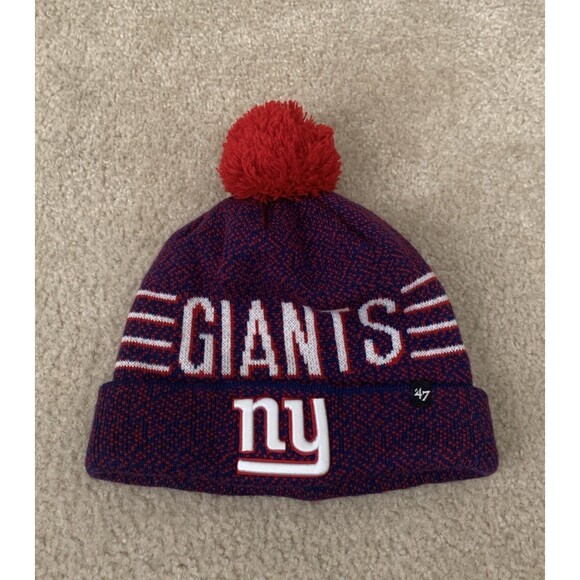 NFL 47 Brand NY Giants Knit Hat Blue White Red Puffball One Size NY Embroidered - Picture 1 of 9